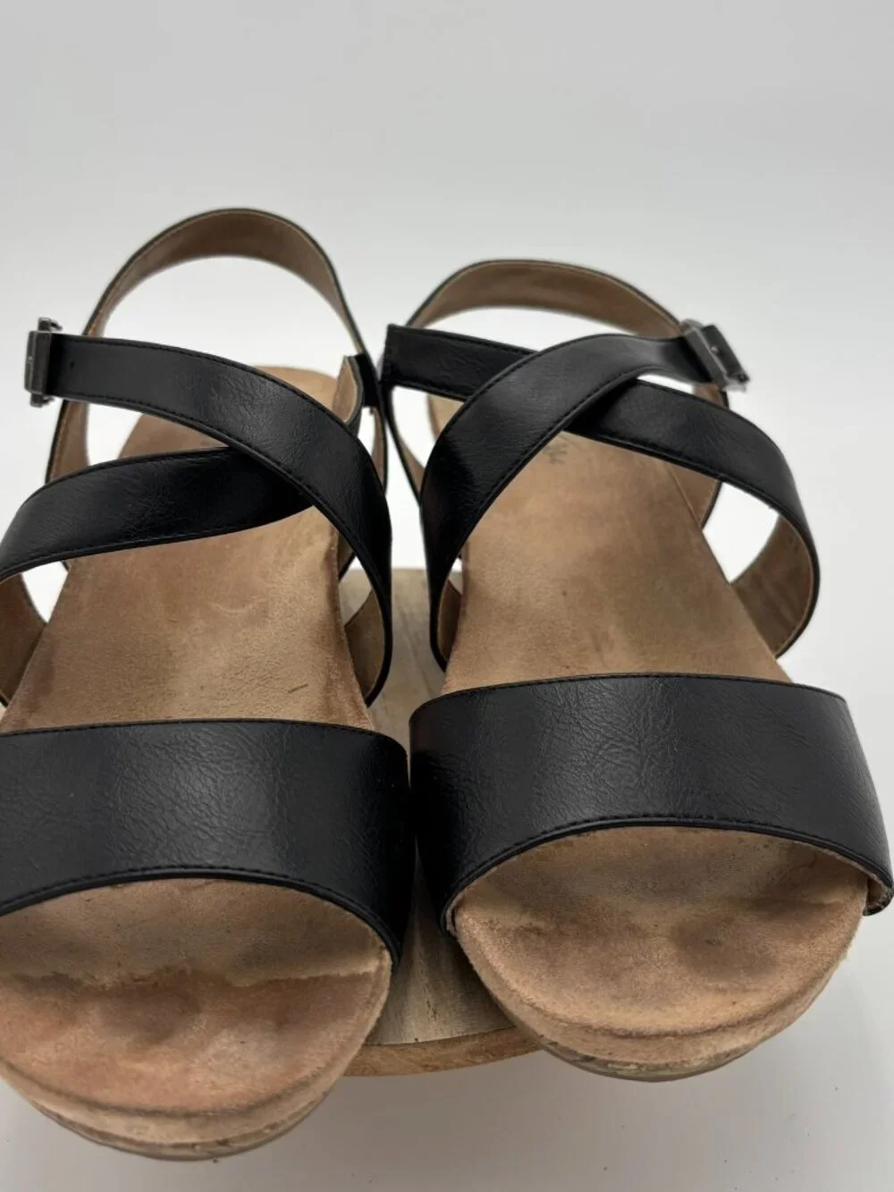 LifeStride Maple Black Faux Leather Strappy Slingback Cork Wedge Sandals 9W